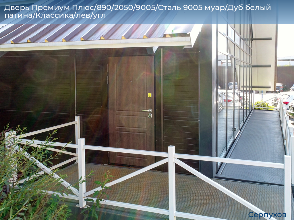 Дверь Премиум Плюс/890/2050/9005/Сталь 9005 муар/Дуб белый патина/Классика/лев/угл, serpukhov.doorhan.ru